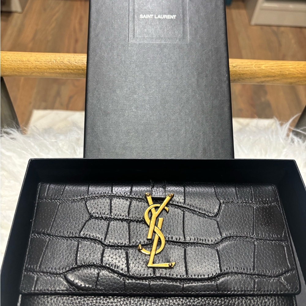 Saint Laurent Black Croc-Embossed long wallet with Gold Logo